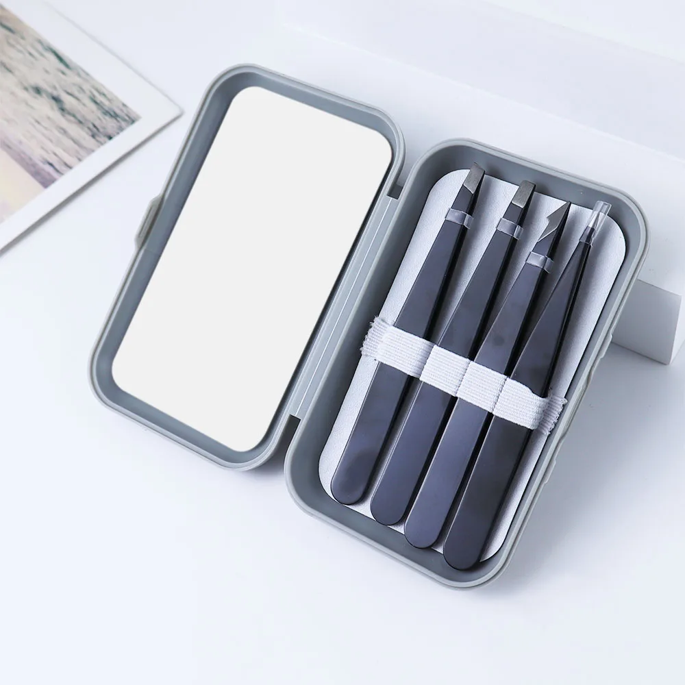 Stainless Steel Eyebrow Clip Black Tweezers 4-Piece Set Eyebrow Trimming Set Beauty and Grooming Tools