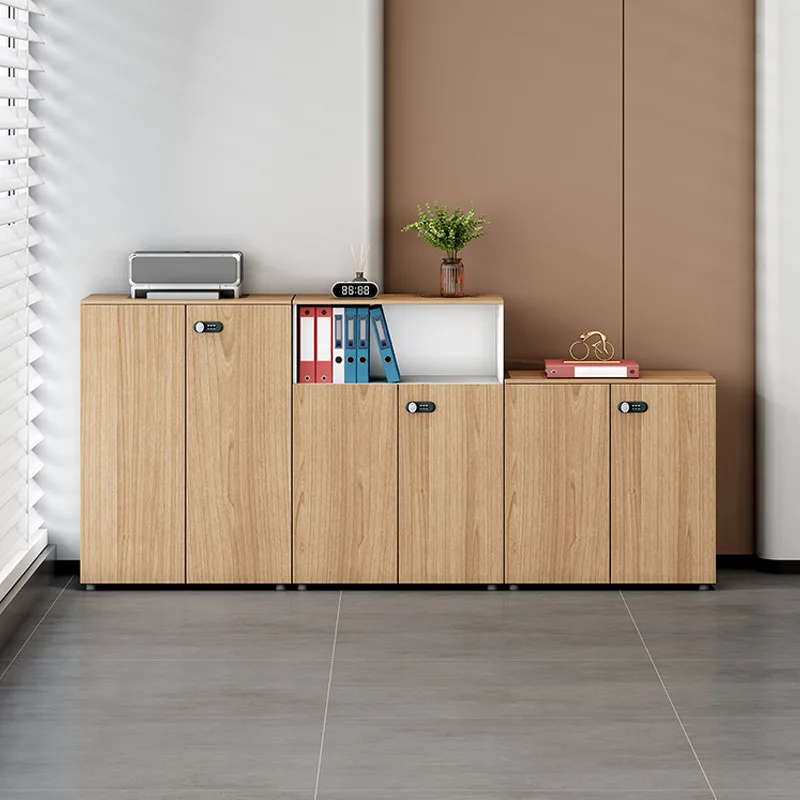 Office wooden filing cabinets with password locks, storage cabinets, and modern minimalist style of documents