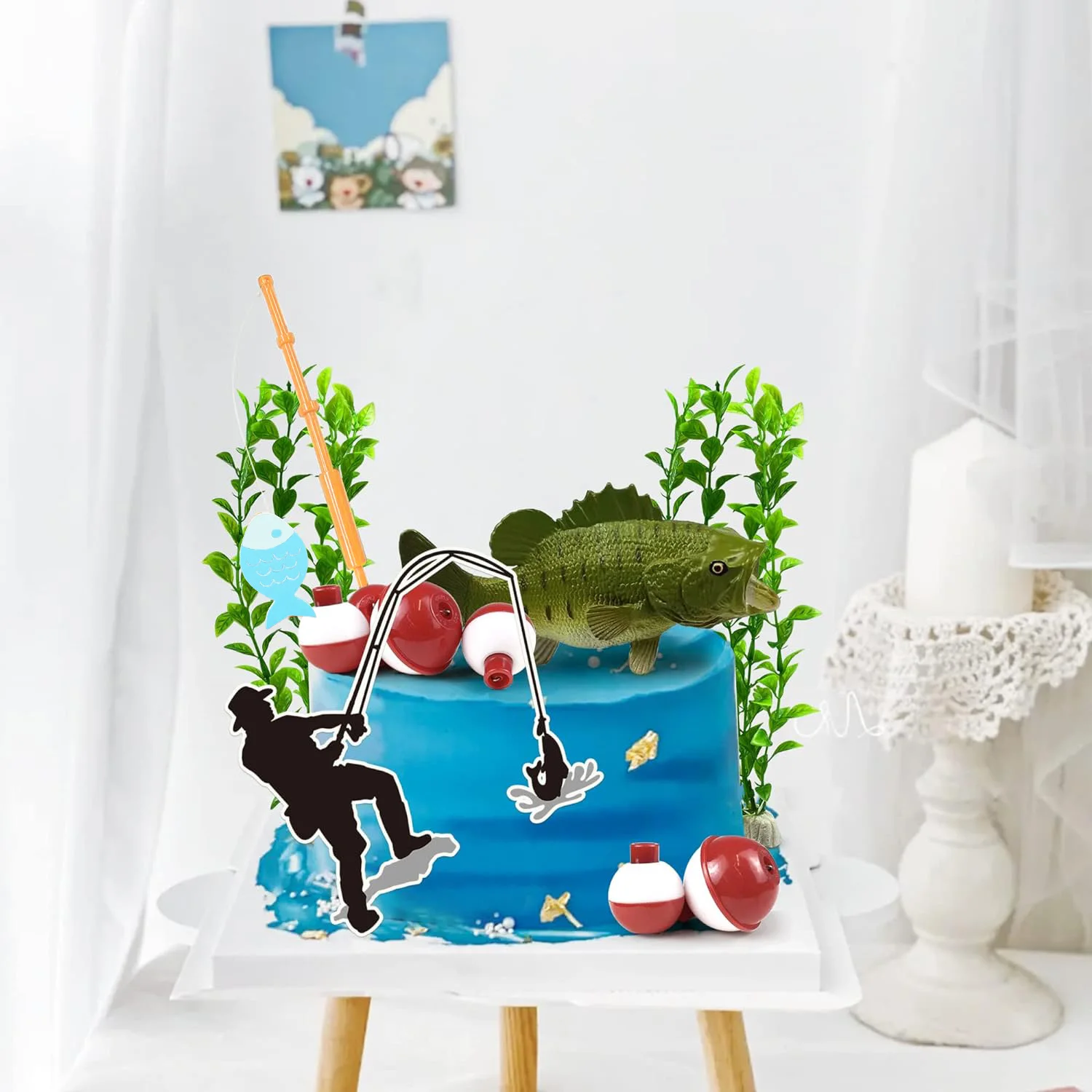 14 Stück Fischer-Themen-Dekor zum Angeln, Kuchenaufsatz mit Angelsilhouette, Angelausrüstung, Seegras für den Ruhestand, Partyzubehör – Detail 5