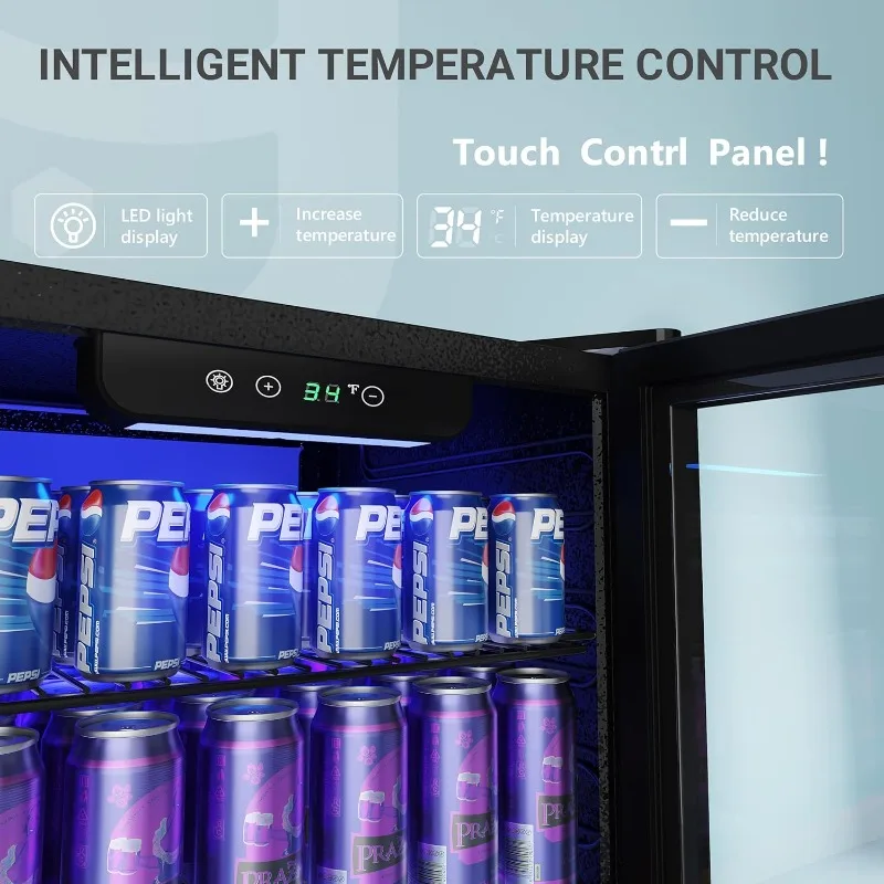 ثلاجة ومبرد مشروبات EUHOMY، ثلاجة صغيرة 126 علبة مع باب زجاجي، ثلاجة صغيرة مع أرفف قابلة للتعديل، فضي