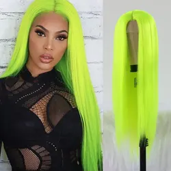 Parrucche verdi fluorescenti per le donne parrucche sintetiche lunghe in pizzo dritto verde Neon con capelli del bambino Glueless capelli resistenti al calore