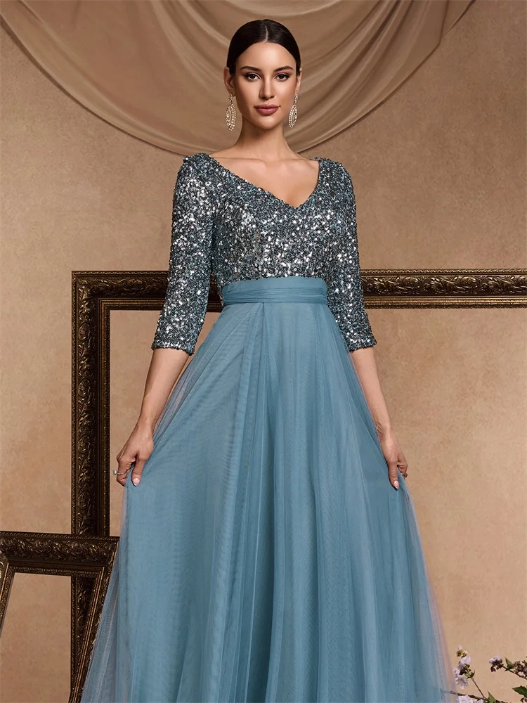 XUIBOL Elegantes Abendkleid mit V-Ausschnitt und langen Pailletten in Blau 2024, Damen-Meerjungfrau-formales Kleid mit langen Ärmeln, Hochzeit, Party, Maxi-Abschlussballkleid