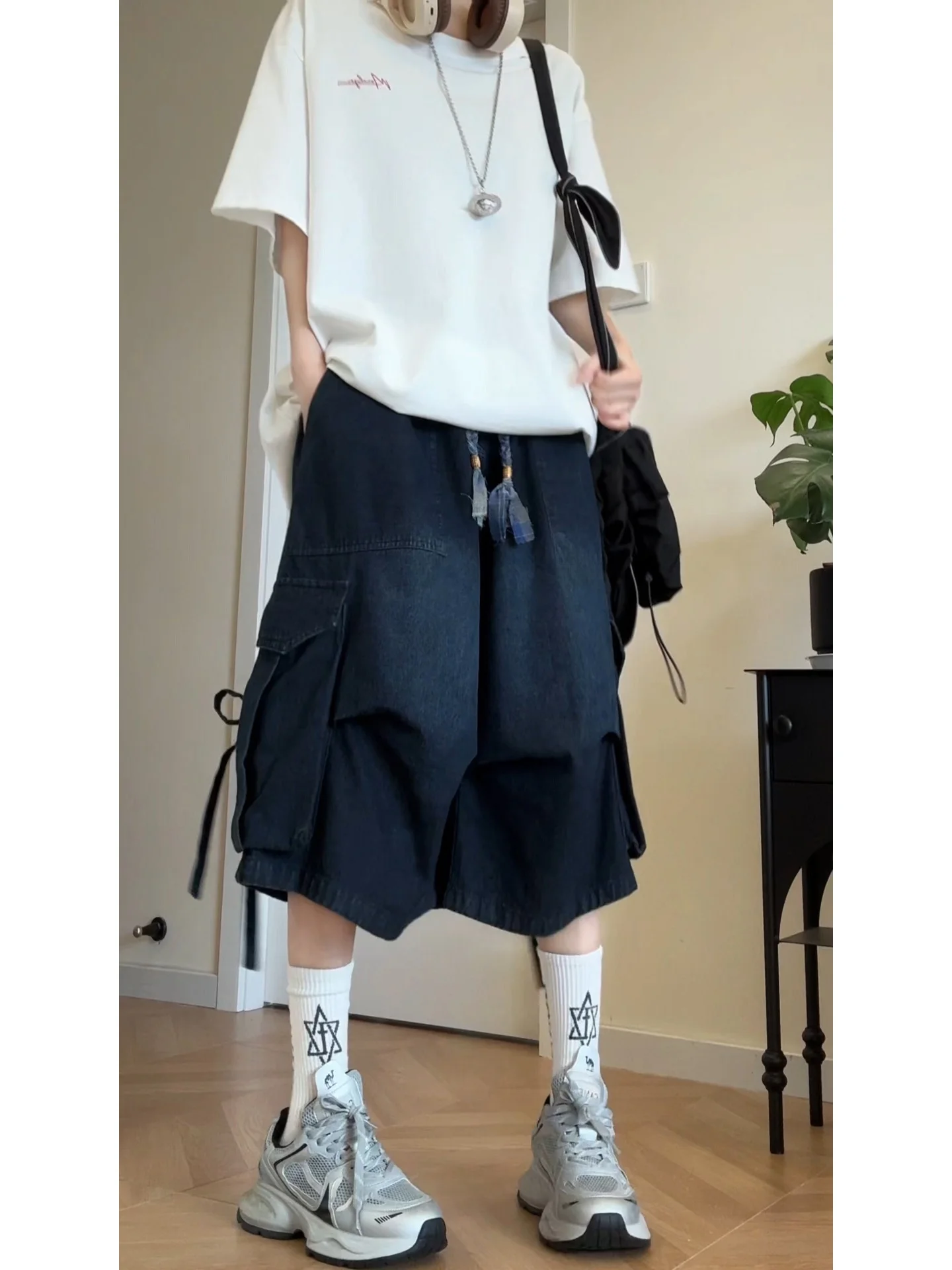 

Light Blue Workwear orts Men's Summer Thin Seven-Five Jeans Pants American Retro Big ket Straight Leg Casual Trousers