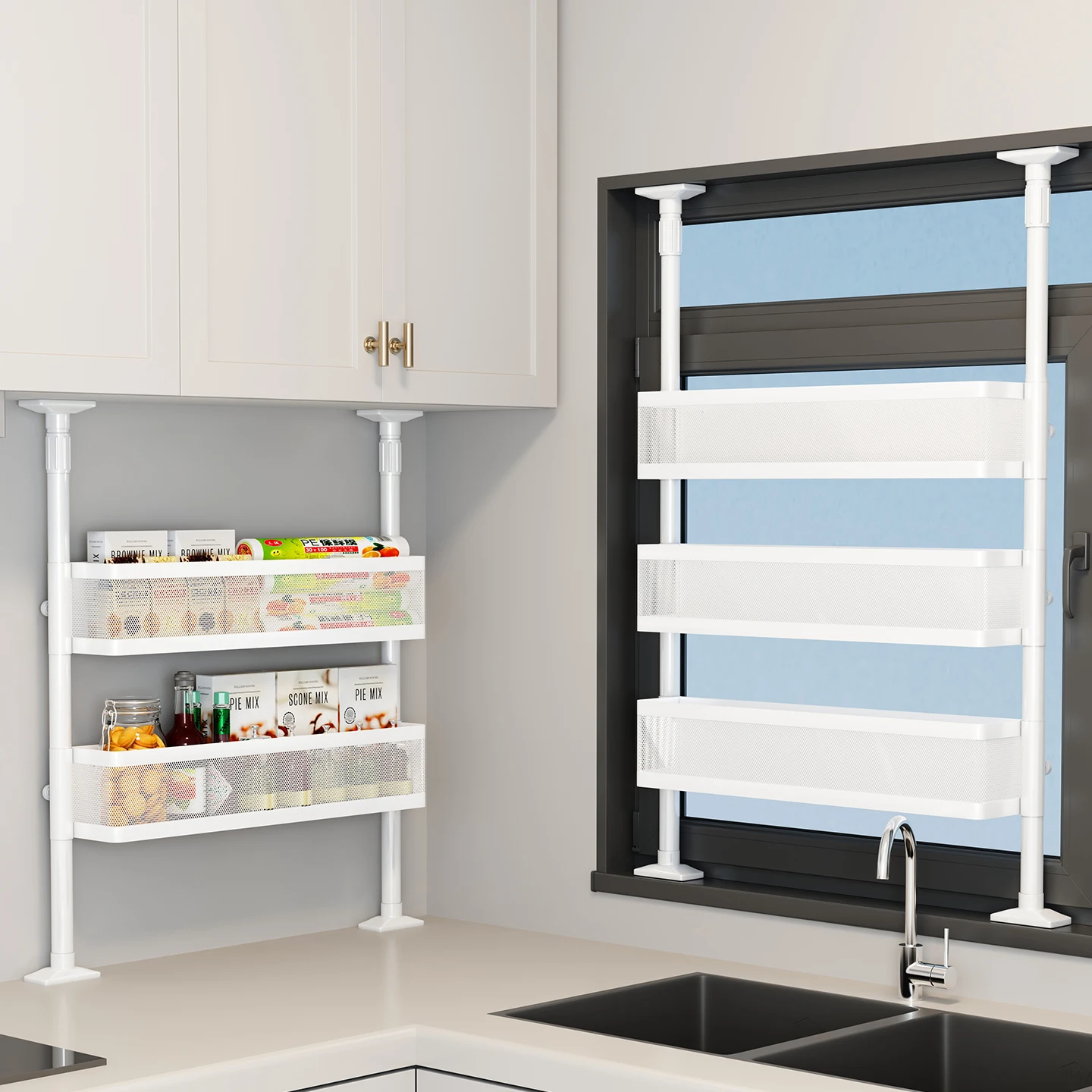 

Multi-tier Kitchen Rack, Window Shelf Organizer, No-drill Spice Storage, Space-saving Extendable Design
