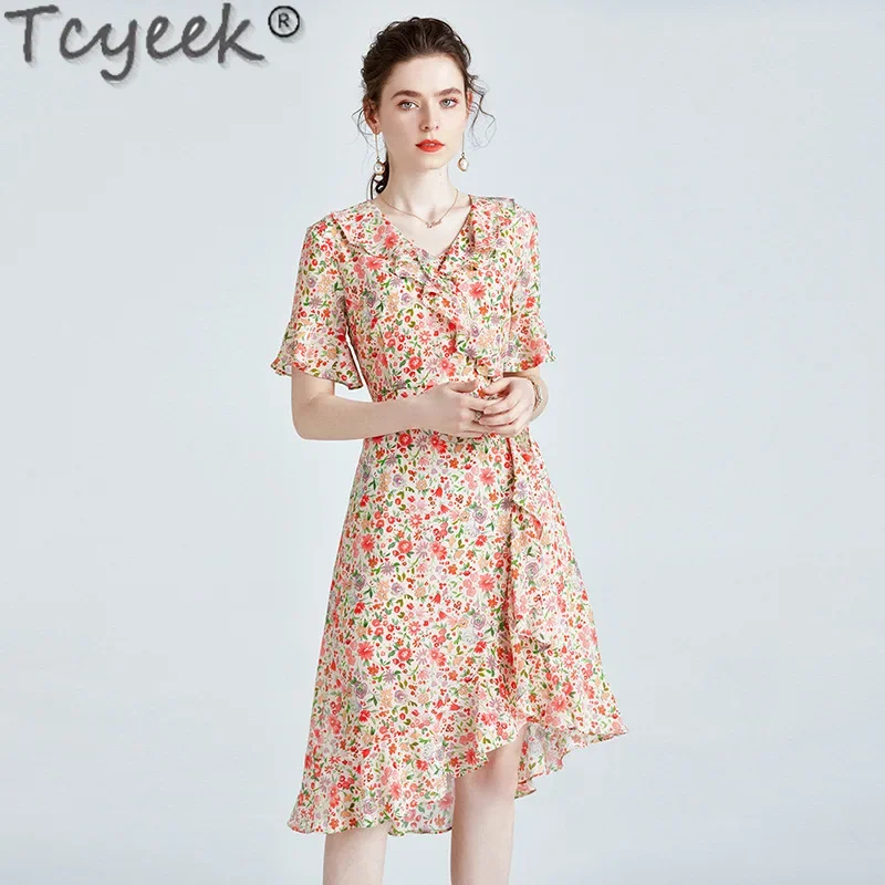 

Tcyeek 100% Mulberry Silk Dress Women Summer Clothes Elegant and Pretty Women's Dresses 12MM Real Silk Long Dress Платье Женское