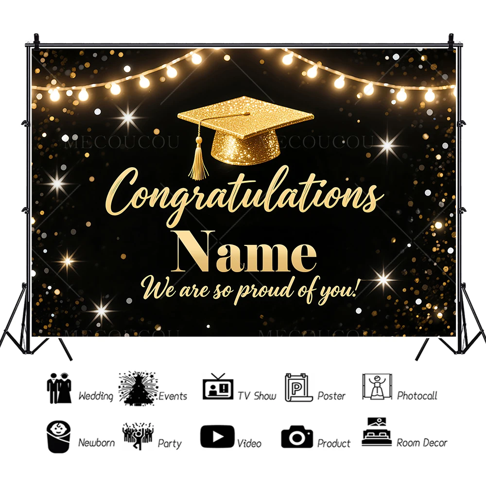 

Custom Name Graduation Backdrops Banner Black & Gold Confetti Graduation Party Portrait Photo Glitter Sequins Backgrounds
