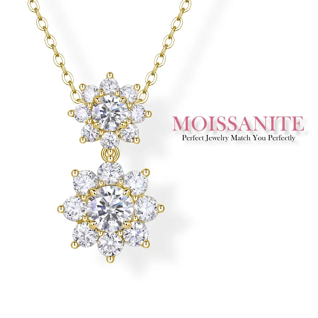 

3.6ctw Double Floral Moissanite Pendant Necklace – 18K Gold Plated S925 Silver, Elegance in Bloom, Perfect for Cherished Moments