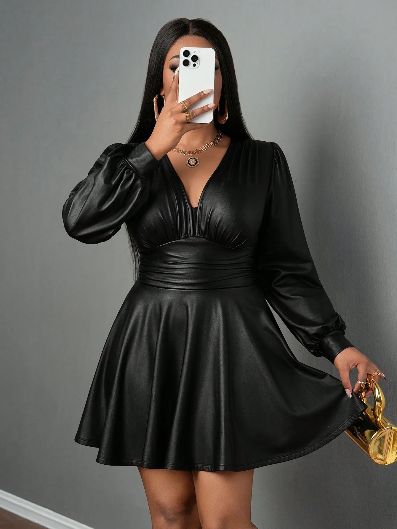 Women Solid Color Pleated Minimalist Casual V-Neck Long Sleeve A-Line PU Leather Dress For Winter