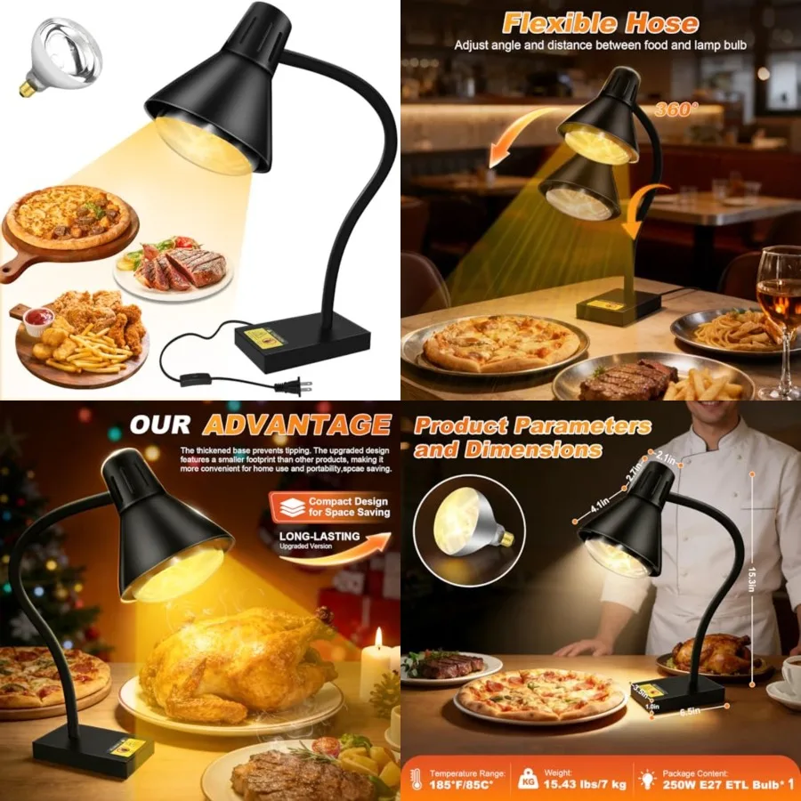 Heat Lamp for Food, Commercial Food Warmer 250W Bulb Stainless Steel Catering Food Warming Lamp Portable Electric Food Warmer f