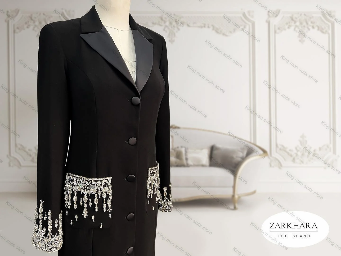 Blazer de cristal negro para mujer, Chaqueta larga, vestido de graduación, abrigo Formal de algodón para oficina, traje personalizado, alfombra roja, vestido de fiesta