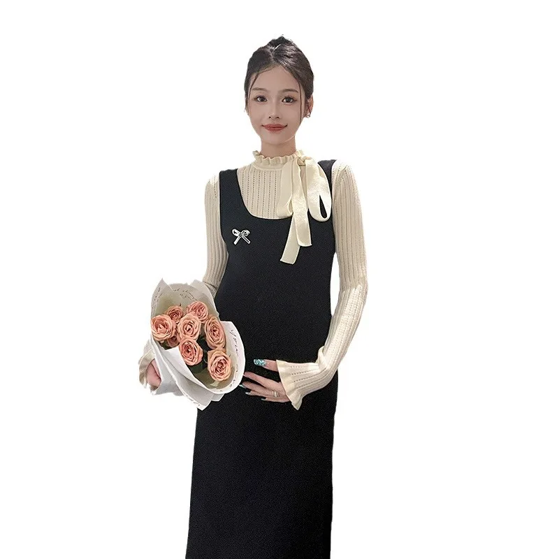 Vestido de embarazo de estilo francés, suéter de punto falso de dos capas, traje de maternidad elegante, sofisticado y cómodo, otoño
