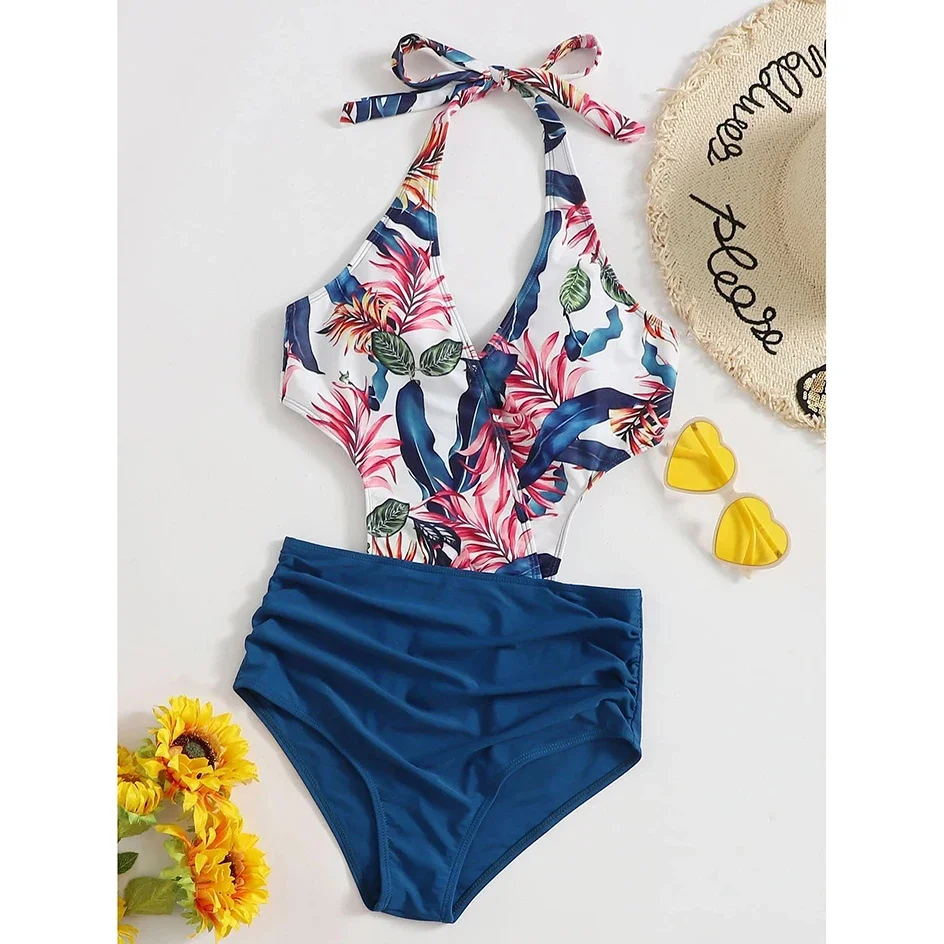Bañador Sexy de una pieza con cuello Halter para mujer, traje de baño femenino de cintura alta, Bikini de retazos para nadar, Monokini para mujer 2023