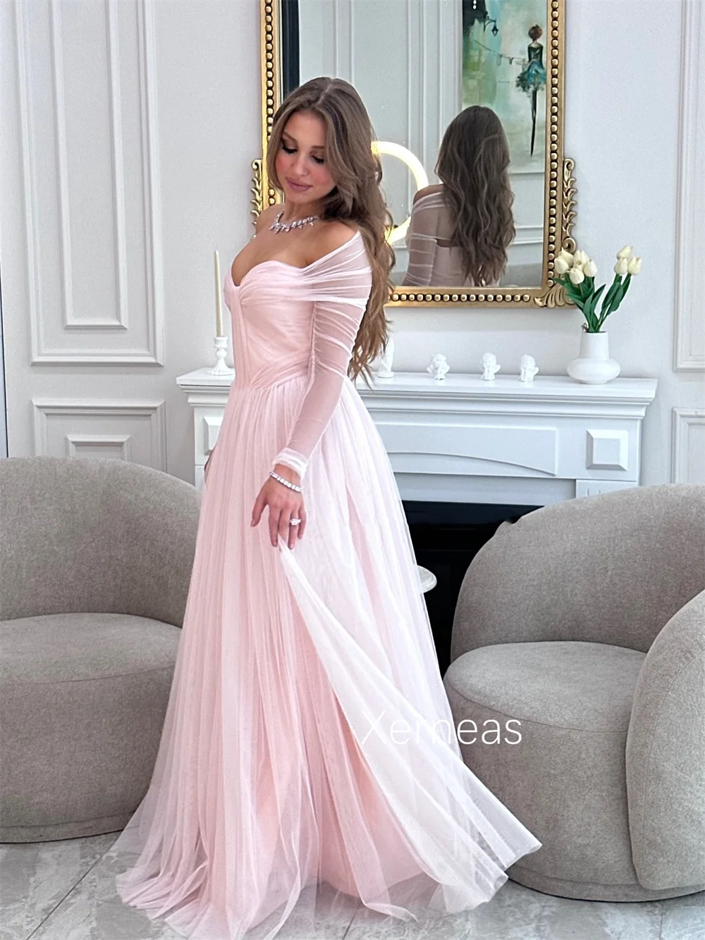 Customized Simple Net Pleat A-line Off-the-shoulder Long Dresses Bespoke Occasion Homecoming Exquisite Modern Style