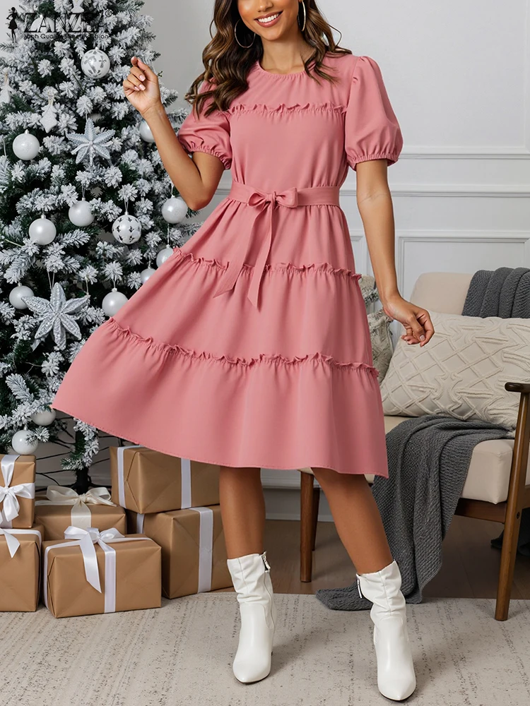 ZANZEA Stylish Ruffled Party Dresses Women 2025 Summer Dress O Neck Short Sleeve Sundress Belted Robe Elegant A Line Vestidos
