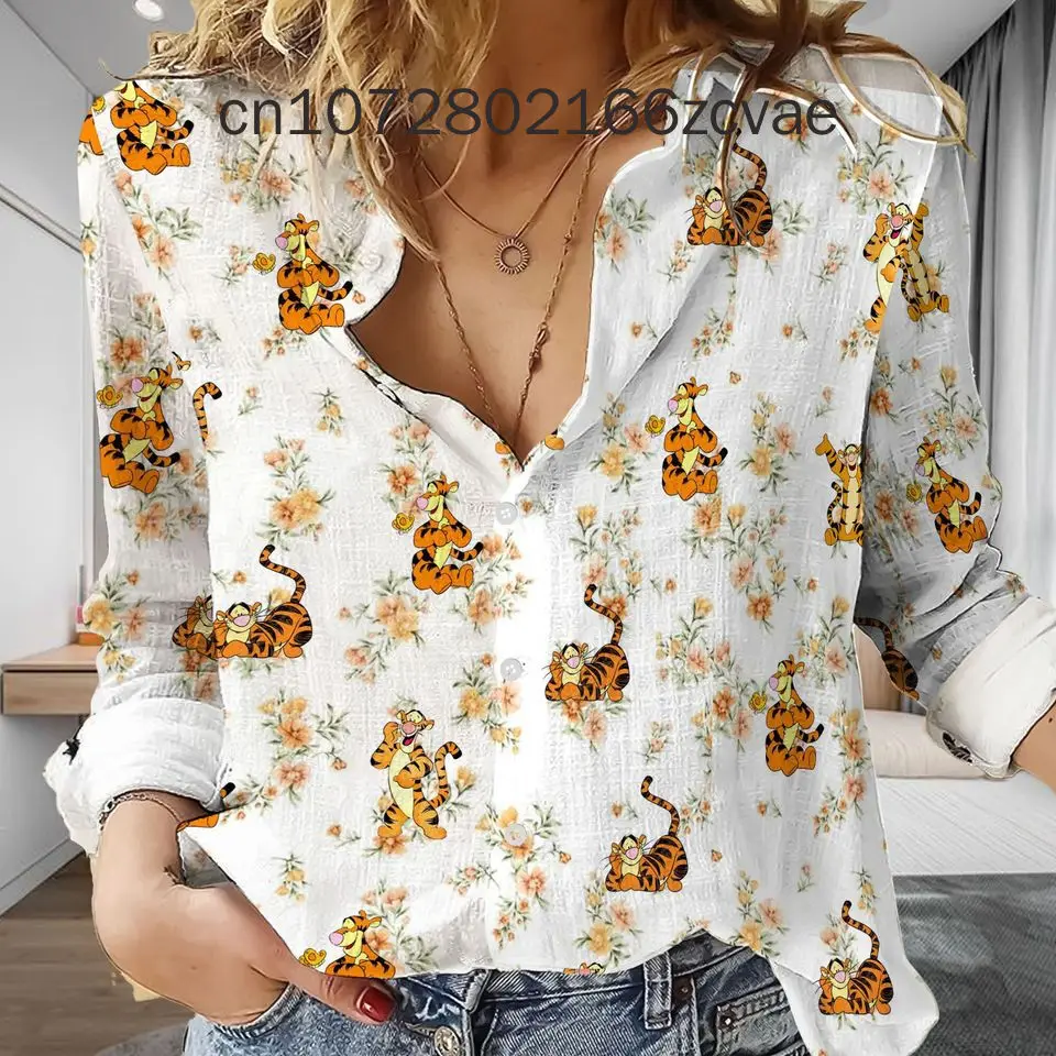 New Disney Long Sleeve Shirt Loose Casual Style Chiffon Shirt Tigger 3D Printed Breathable Comfortable Women's Elegant Top