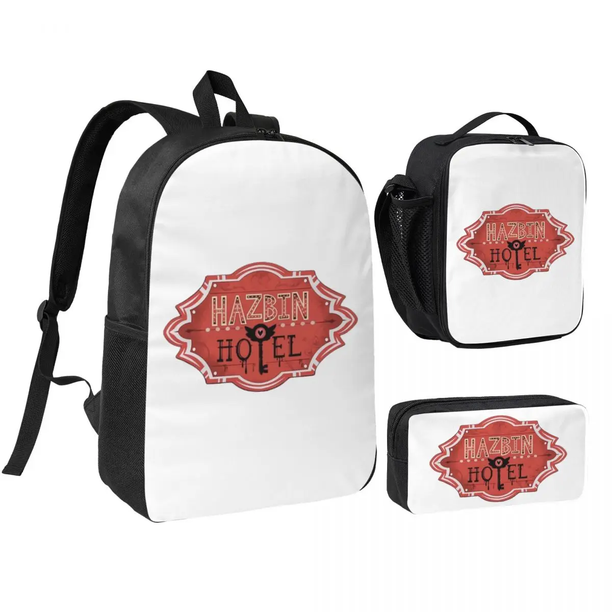

Hazbines Hoteles Alastor Vox Printed Backpack Boys Girls BookBag School Bag Shoulder Bags 3ps Insulated Lunch Bag Pencil Case