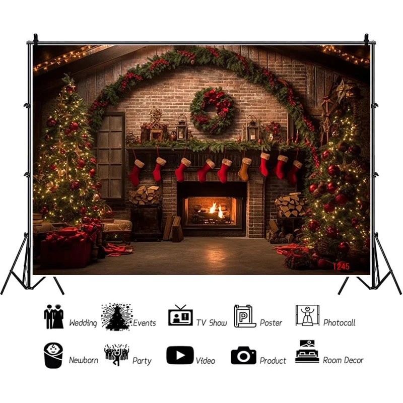 

SHENGYONGBAO Christmas Day Fireplace Photography Backdrops New Year Candy Chimneys Snowflake Window Studio Background WW-44