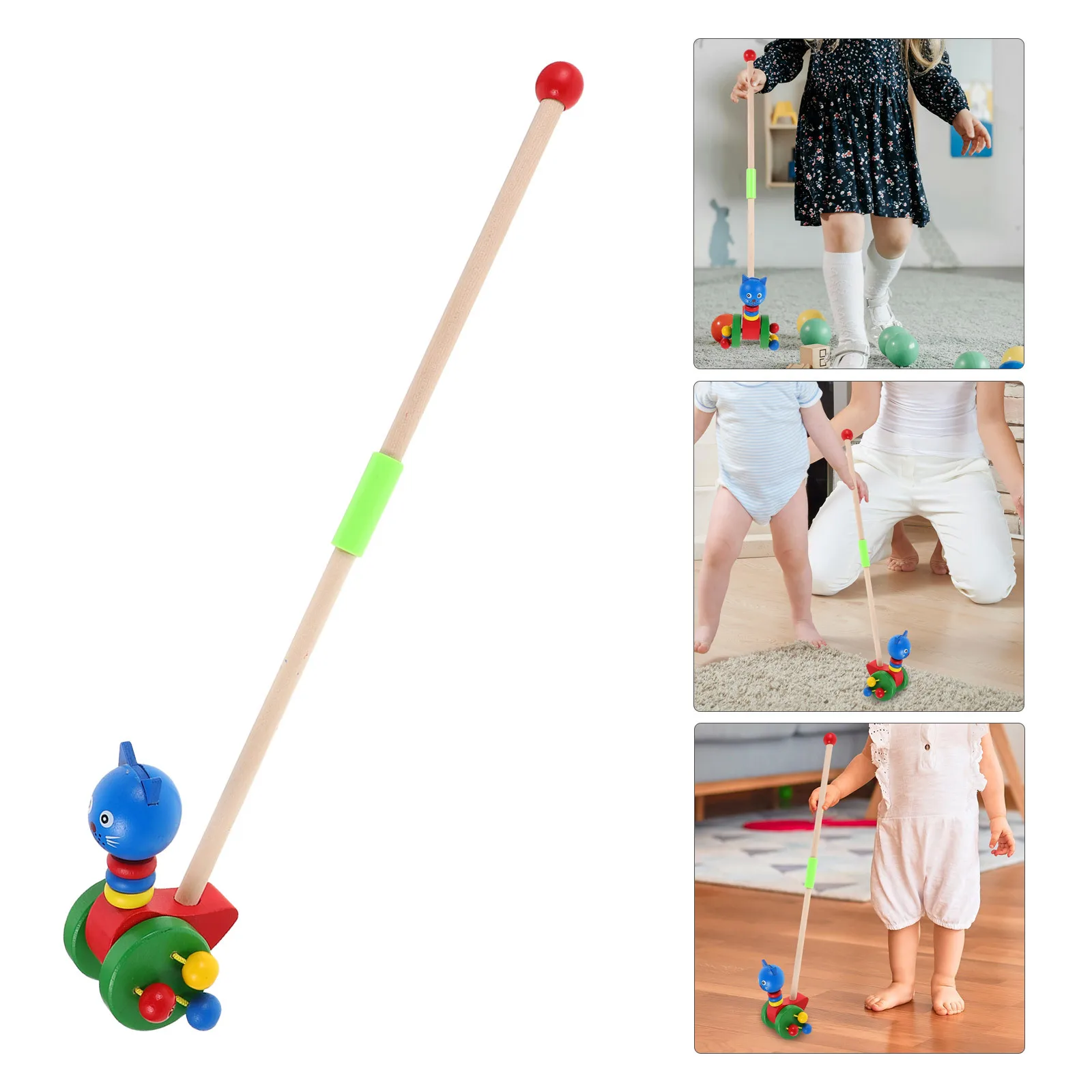 Wooden Baby Push With Cute Cartoon Animal Design Safe Rounded Edges Toddler Walker Encourages Motor Skills Pull Cart For