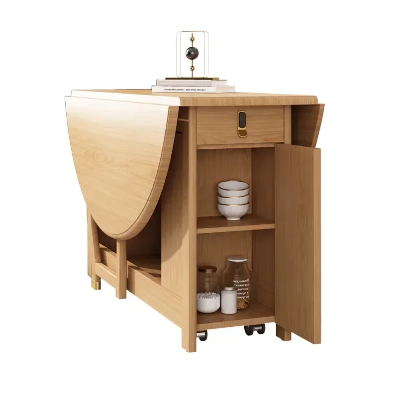 Deformed dining table saves space, round table for home eating, solid wood dining table is light and luxurious
