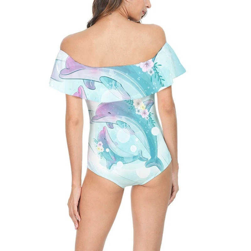 Summer Dolphins Women's Off Shoulder One Piece Swimsuits Sky Blue Swimwear Flounce Ruffled Bathing Suit Sexy Backless Bikini