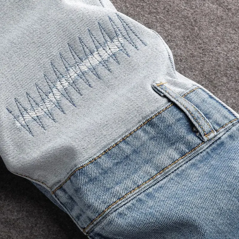 

y2k Fashion New Men's Light Blue Jeans Washed Nostalgic Stretch Slimming Patch Scratched Jeans Retro Splicing Pants Hombre