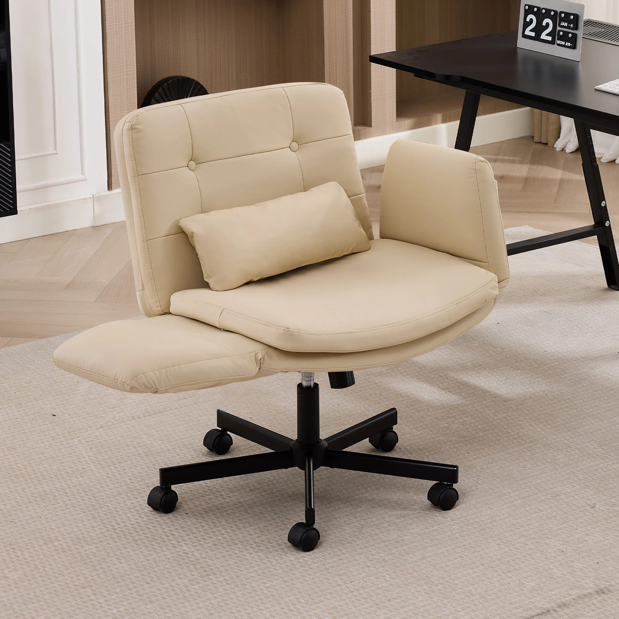 

TCGBKAF Beige Criss Cross Chair with Adjustable Arms PU Leather Swivel Vanity Chair with Side Pockets Ergonomic Cross Legged Office Chair with Wheels Adjustable Height Computer Desk Chair with Lumbar Pillow
