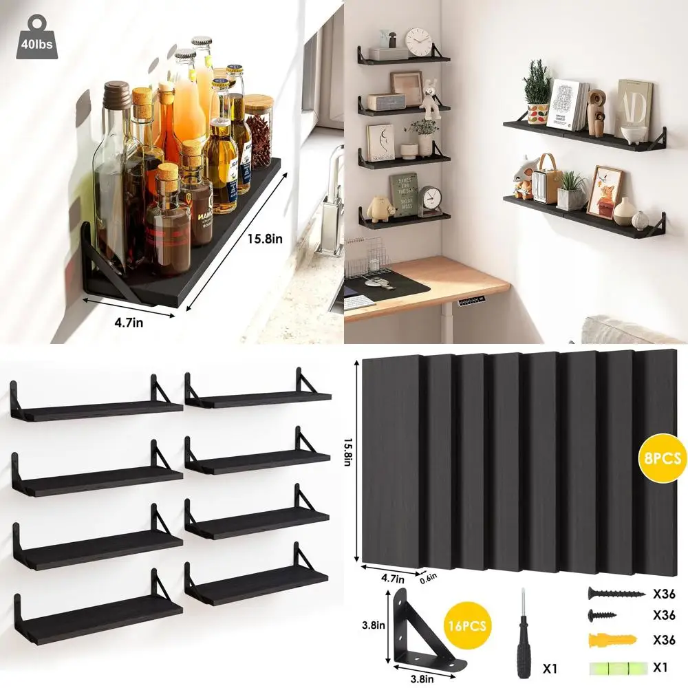 

Set of 8 4.7 Rustic Black Wooden Floating Shelves for Home and Office Storage