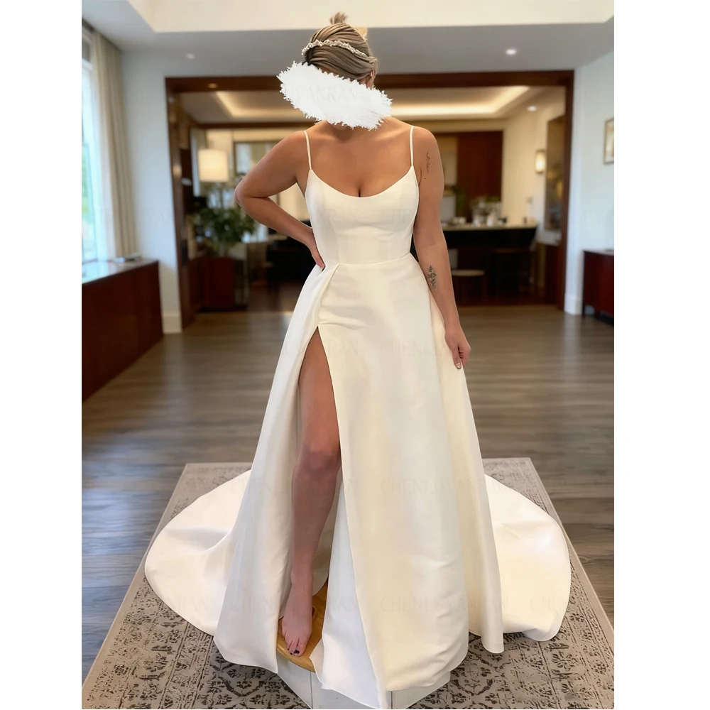 

Simple Wedding Dresses Satin A-Line V-neck Long Bride Gowns Sweep Train Side Slit Sexy Dress For Women 2025 Robe De Mariée