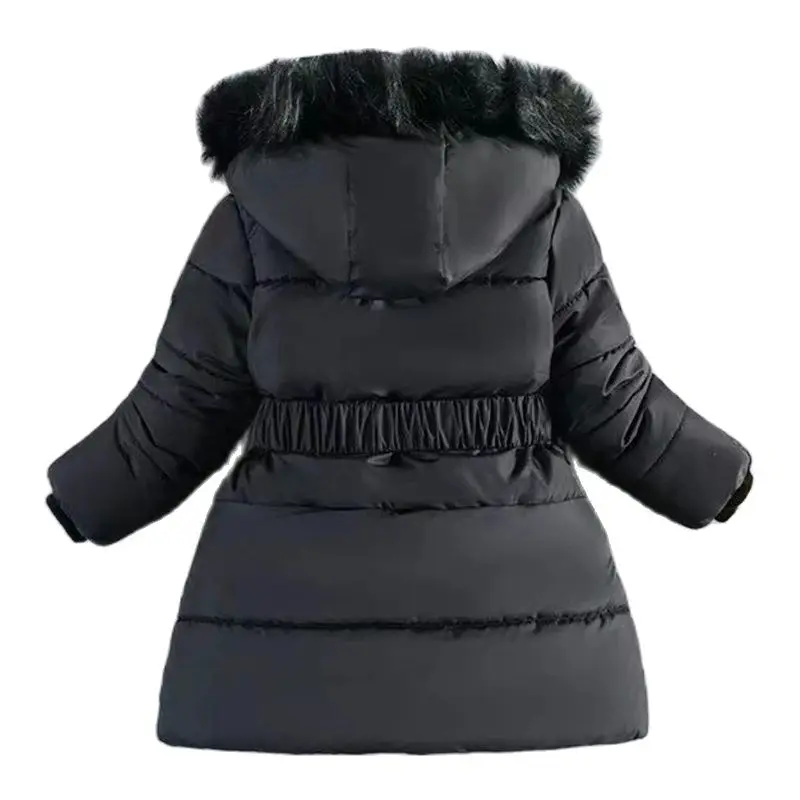 Girls Fur Collar Hooded Down Jacket Winter Thick Warm Outerwear Children Cotton Zipper Coats Bead String Outdoors Kids Clothing