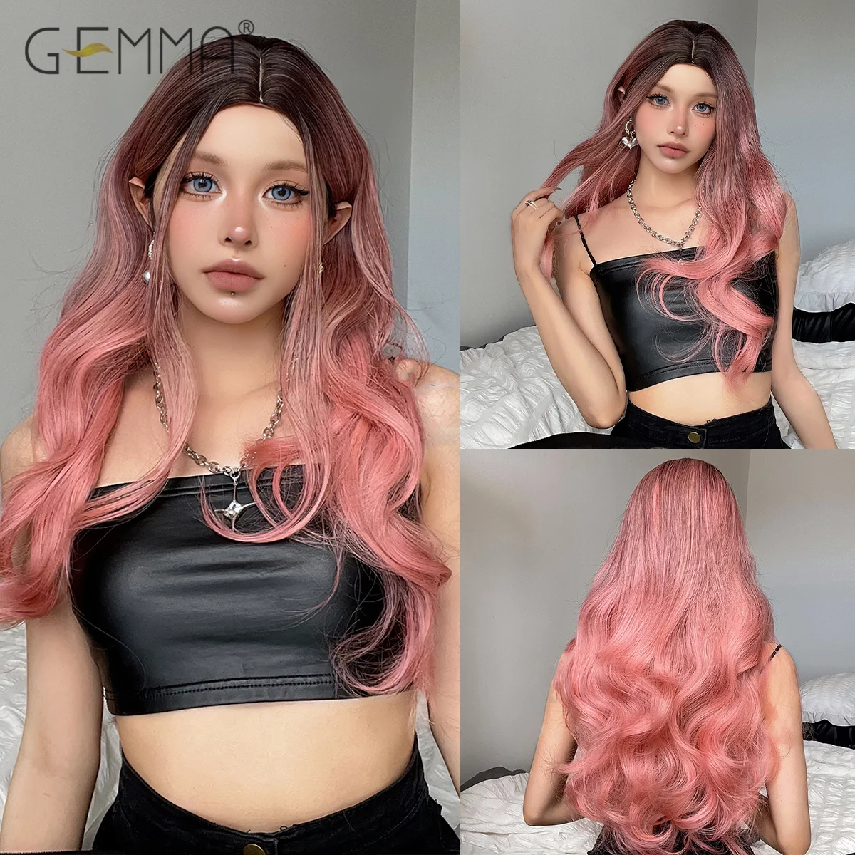 

GEMMA Long Wavy Ombre Pink Synthetic Cosplay Wig Natural Wave Colored Party Lolita Hair Wigs for Women Heat Resistant Fibre