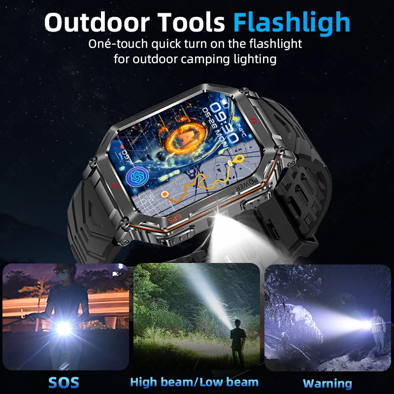 LIGE الرياضة في الهواء الطلق لتحديد المواقع المقتفي ساعة ذكية 2.01 بوصة HD شاشة LED مصباح يدوي بلوتوث دعوة ساعة ذكية للرجال هدايا العيد