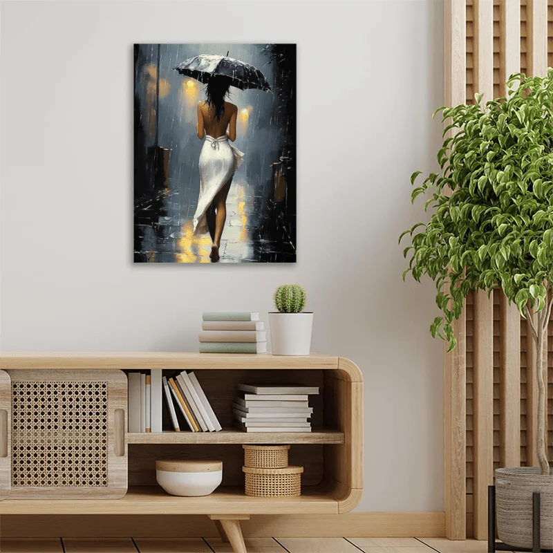 [Elegant Style] Romantic Rainy Night Canvas Art with Wooden Frame–Elegant Umbrella Street Scene, Perfect for Living Room,Bedroom