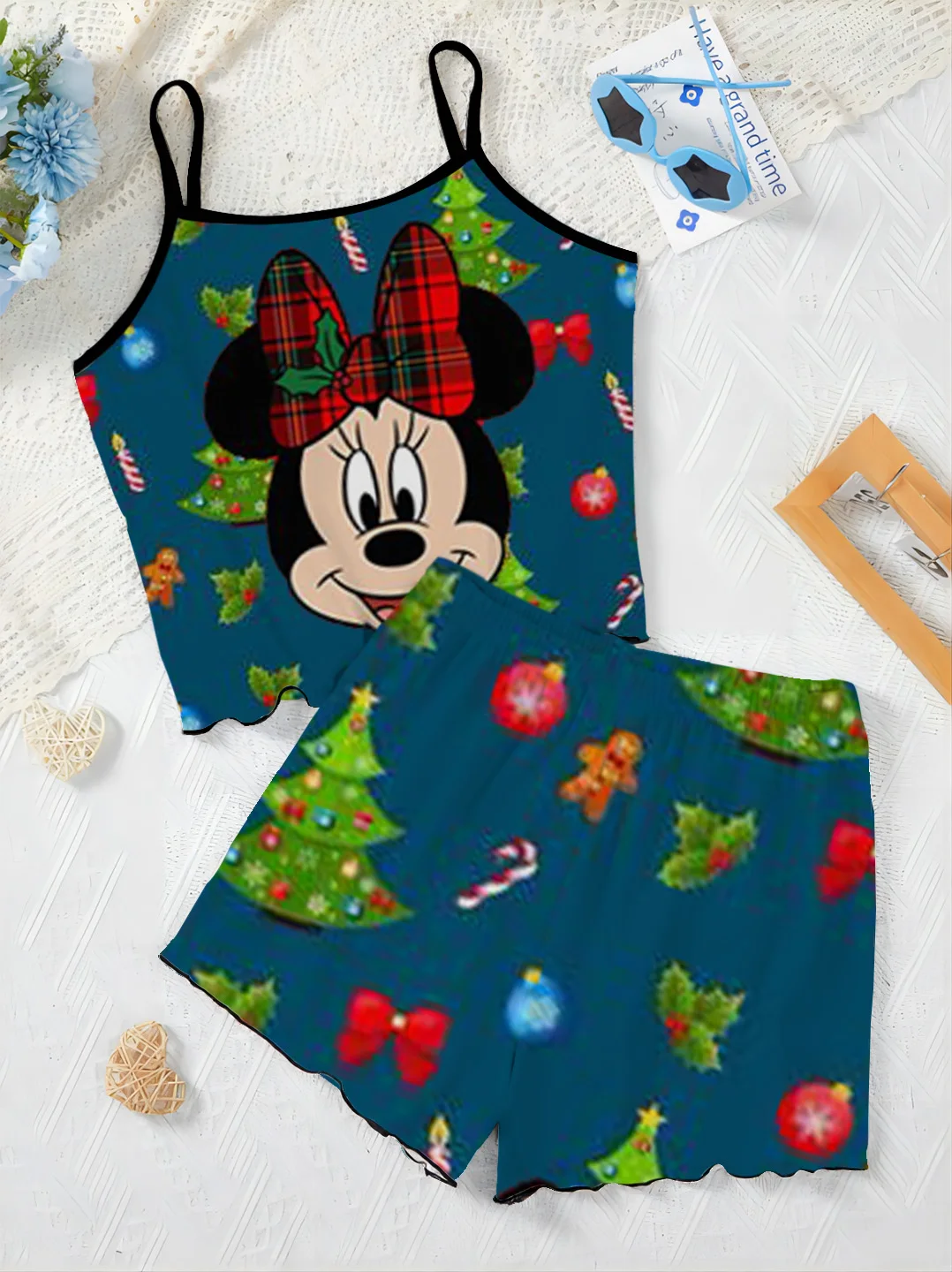 Elegant Women's Sets Lettuce Trim Home Dress Christmas Mickey Minnie Mouse Top Pajama Skirt T-shirt Disney Pieces Short Suit Top