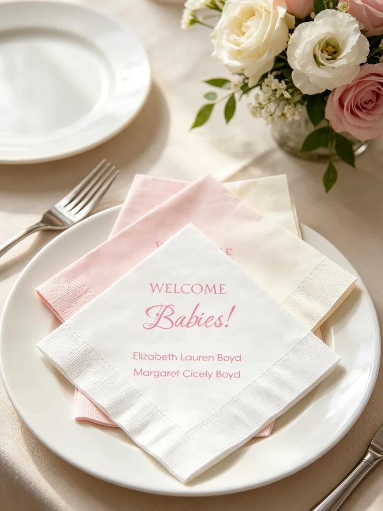 Personalized Welcome Babies Cocktail Napkins Gold Foil Disposable Paper Napkins Custom Names Date Twins Triplets Baby Shower