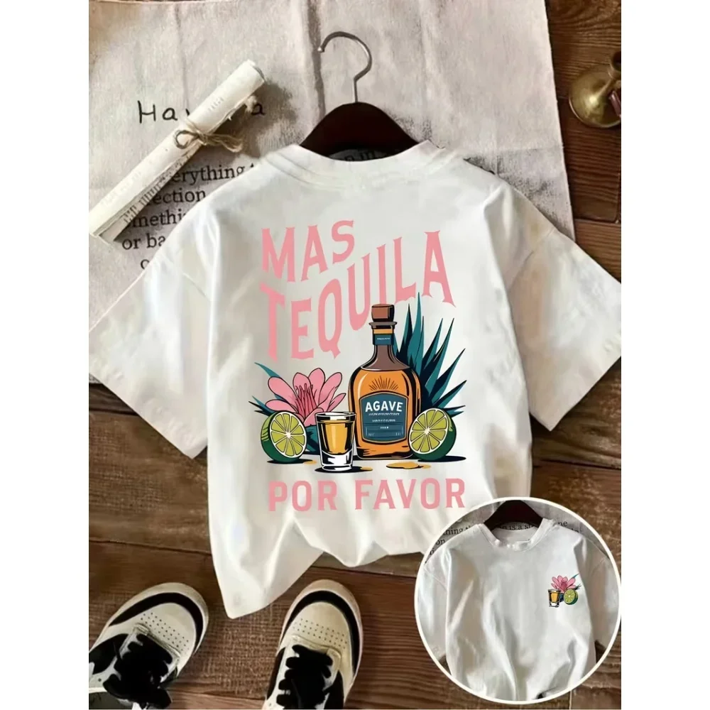 T-shirt imprimé Mas Tequila Por Favor, motif bouteille de tequila et citron vert, manches courtes, col rond, hauts pour femmes, printemps été, tee-shirt de fête