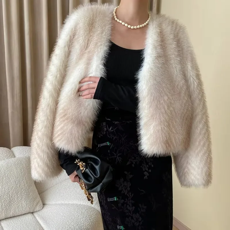 High-Grade Temperament V-neck Gradient Faux Fur Coat for Women Korean Style Fashion Short Jacket Casual All-match Furry Outwear