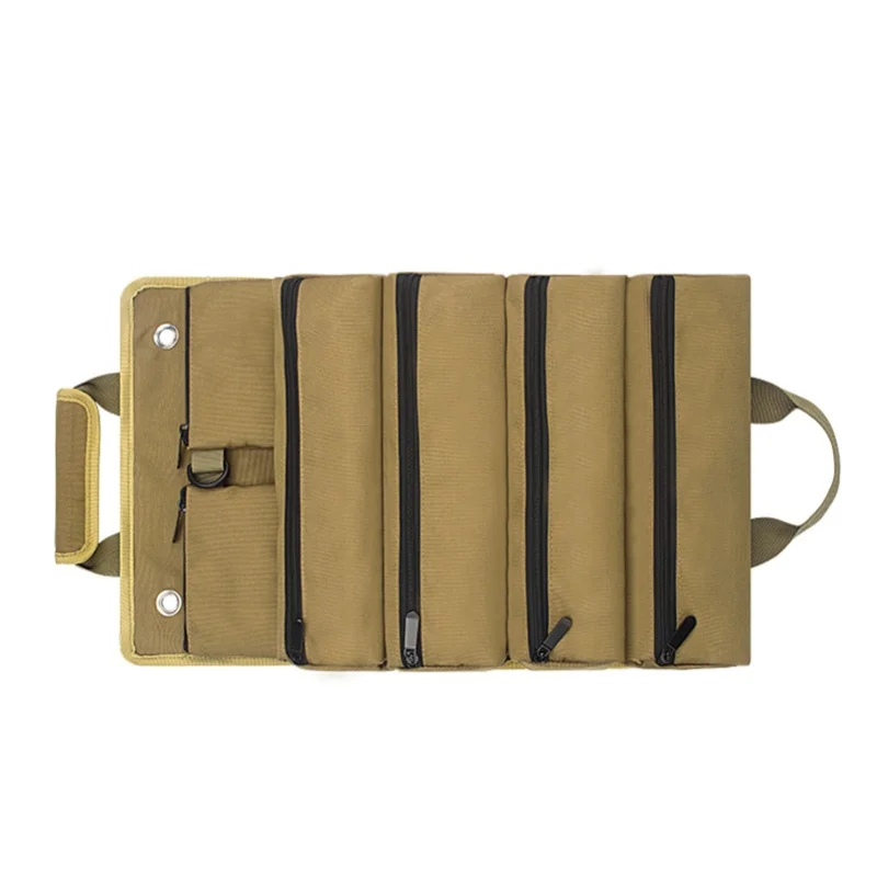 Roll Up Tool Bag 6 Independent Pockets Thickened Oxford Cloth Tool Organizer Storage Pouch For Electrician Carpenter Khaki