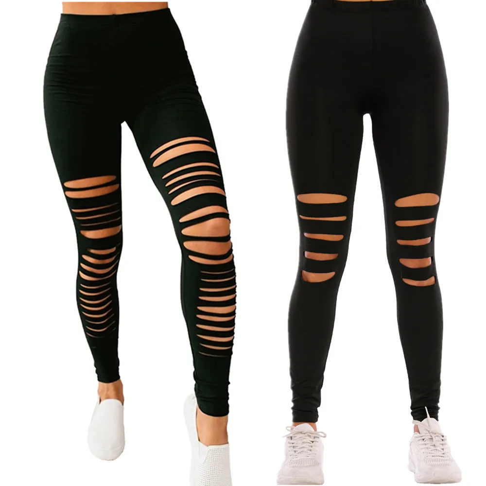 Black Solid Leggings Women Summer Sexy Hollow Out Hole Ripped Leggings Fashion Elastic Stretch Slim Casual Pants Skinny Trousers