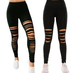 Black Solid Leggings Women Summer Sexy Hollow Out Hole Ripped Leggings Fashion Elastic Stretch Slim Casual Pants Skinny Trousers
