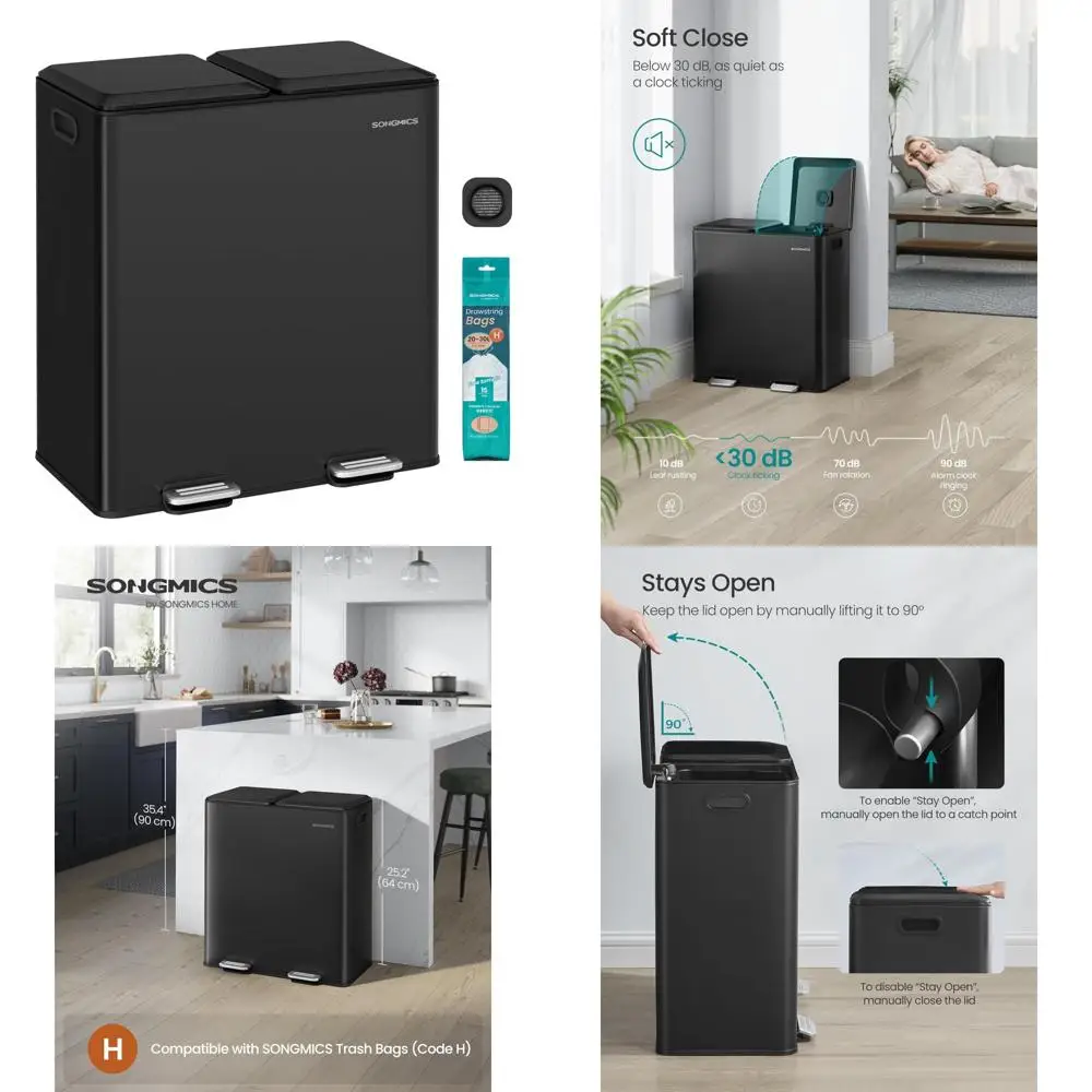 

Двойные мусорные баки из нержавеющей стали на 8 галлонов с мягкими крышками, съемными внутренними ведрами и педалью для использования на кухне