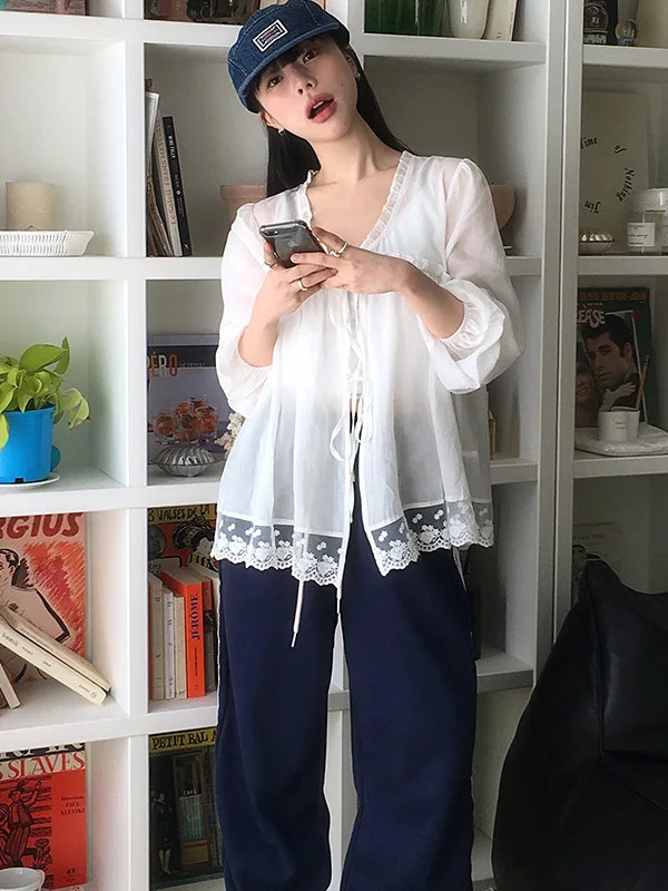 

Chic Lace Trim Belted Long Sve Thin Cardigan Women's irt Korean Sle Premium Feeling Top Summer Season Deformable