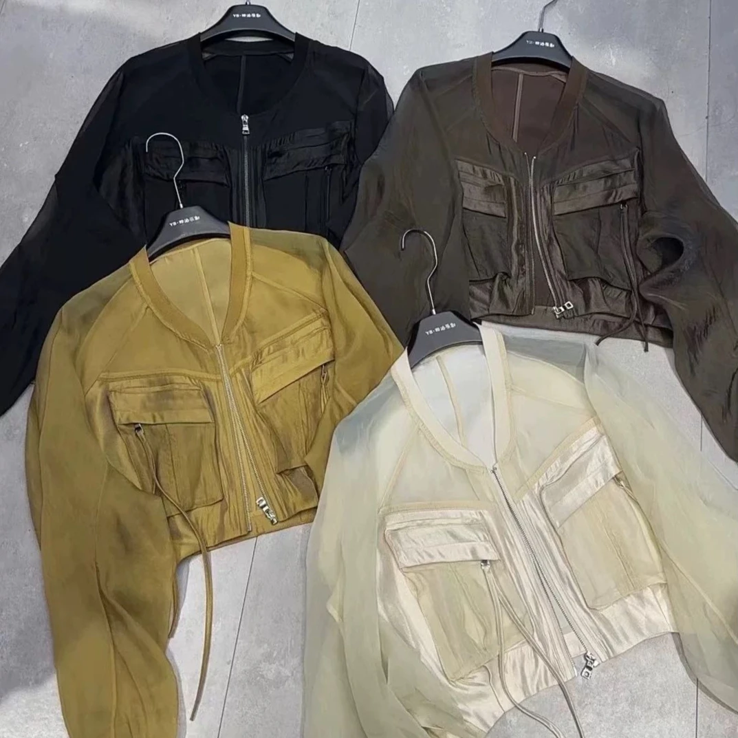 Summer Women Mesh Spliced Double Pockets Jackets Gauze Patchwork Workwear Coat Short Thin Long-sleeved Sun-protective Outwear