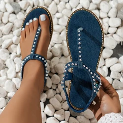 Bohemian Style Blue Flat Sandals Women 2024 Summer Crystal Decor Clip Toe Gladiator Sandals Woman Plus Size 43 Beach Flip Flops