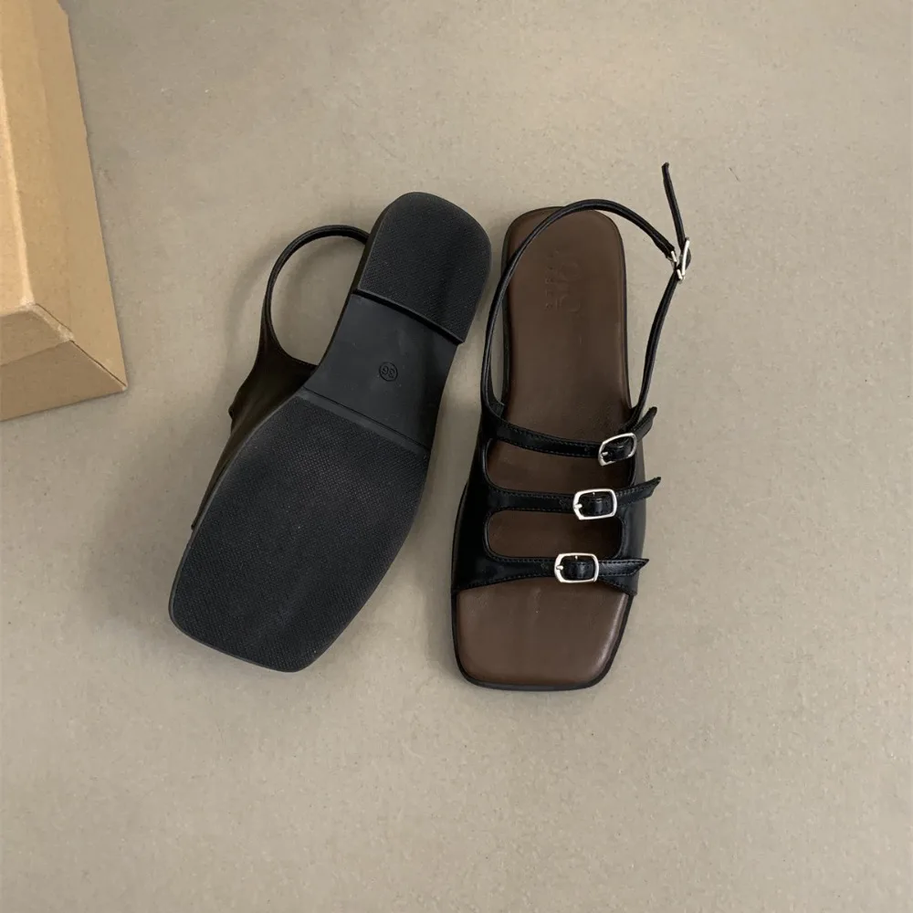 

Fashion Summer Buckle Sandals French Elegant Women Flat Sandals Beach Square Toe Roman Shoes Outdoor