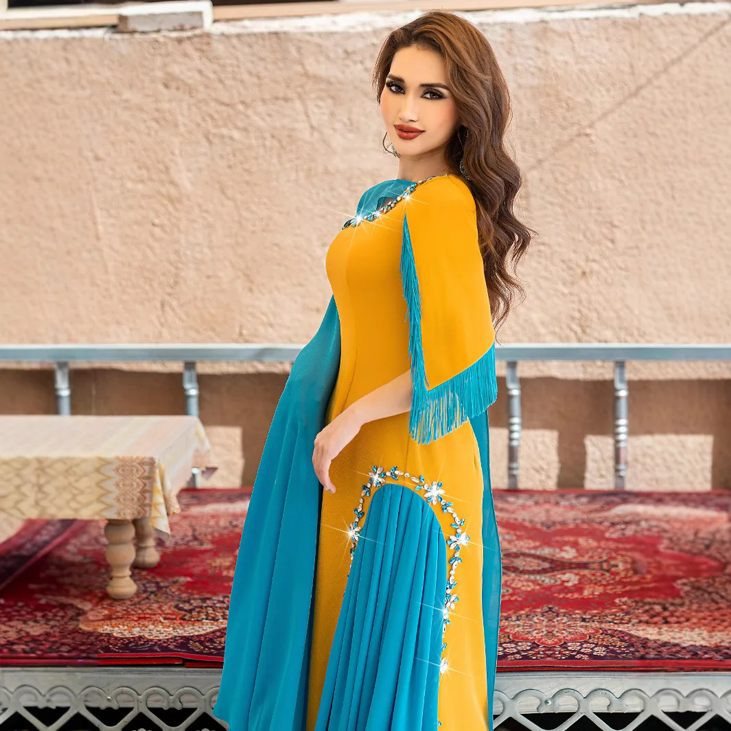 

Fashion Color Blocked Cloak Cape Half-Shawl Dress Diamond Tassels Abaya Dubai Kebaya Woman Muslim Evening Dress Islam Jalabiaya