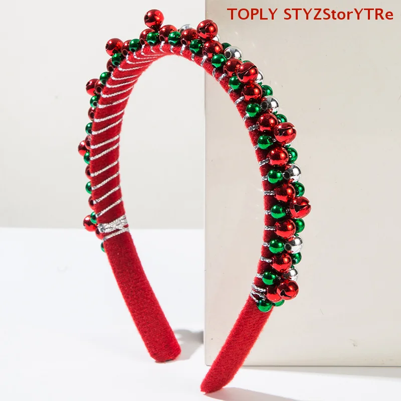 

1pc Festive Christmas Headband with Red & Green Beads, Golden Accents & Bell Charms Hand-Wrapped Polyester Party Accessor