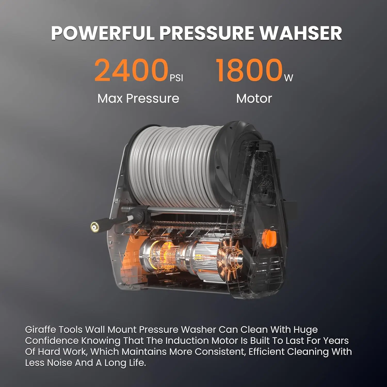 Grandfalls Pressure Washer, Max 2400 PSI, 2.0 GPM Electric Wall Mounted Power Washer with 100ft Grey Retractable Pressure Hose