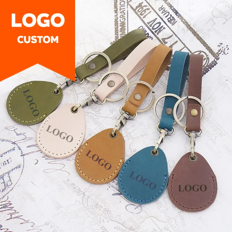 

Custom Logo Crazy Horse Genuine Leather Keychain Laser Engraved Vintage Door Access Card Holder Key Chain for Airtag Keyring