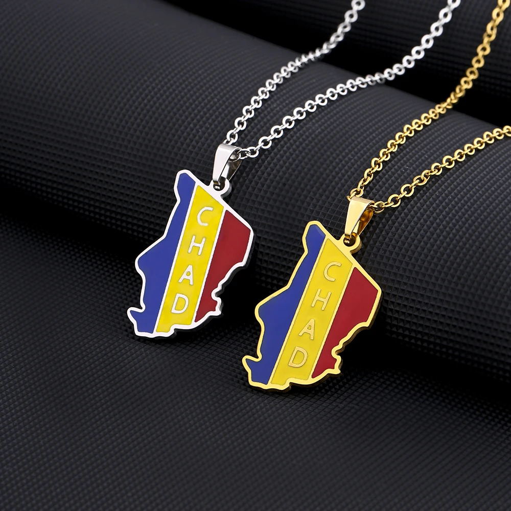 Africa Republic of Chad Map Flag Pendant Necklace Stainless Steel Gold/Silver Color Men Women Country Map Jewelry Gift