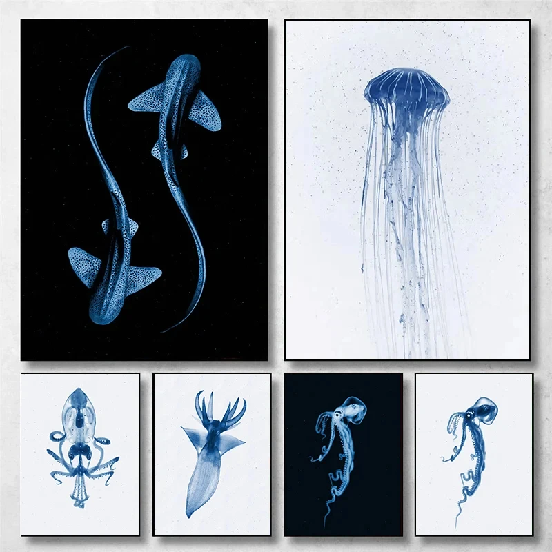 Retro Sea Animal Cyanea Jellyfish Squid Shark Minimalist Art Poster Canvas Painting Wall Prints Picture Living Room Home Decor